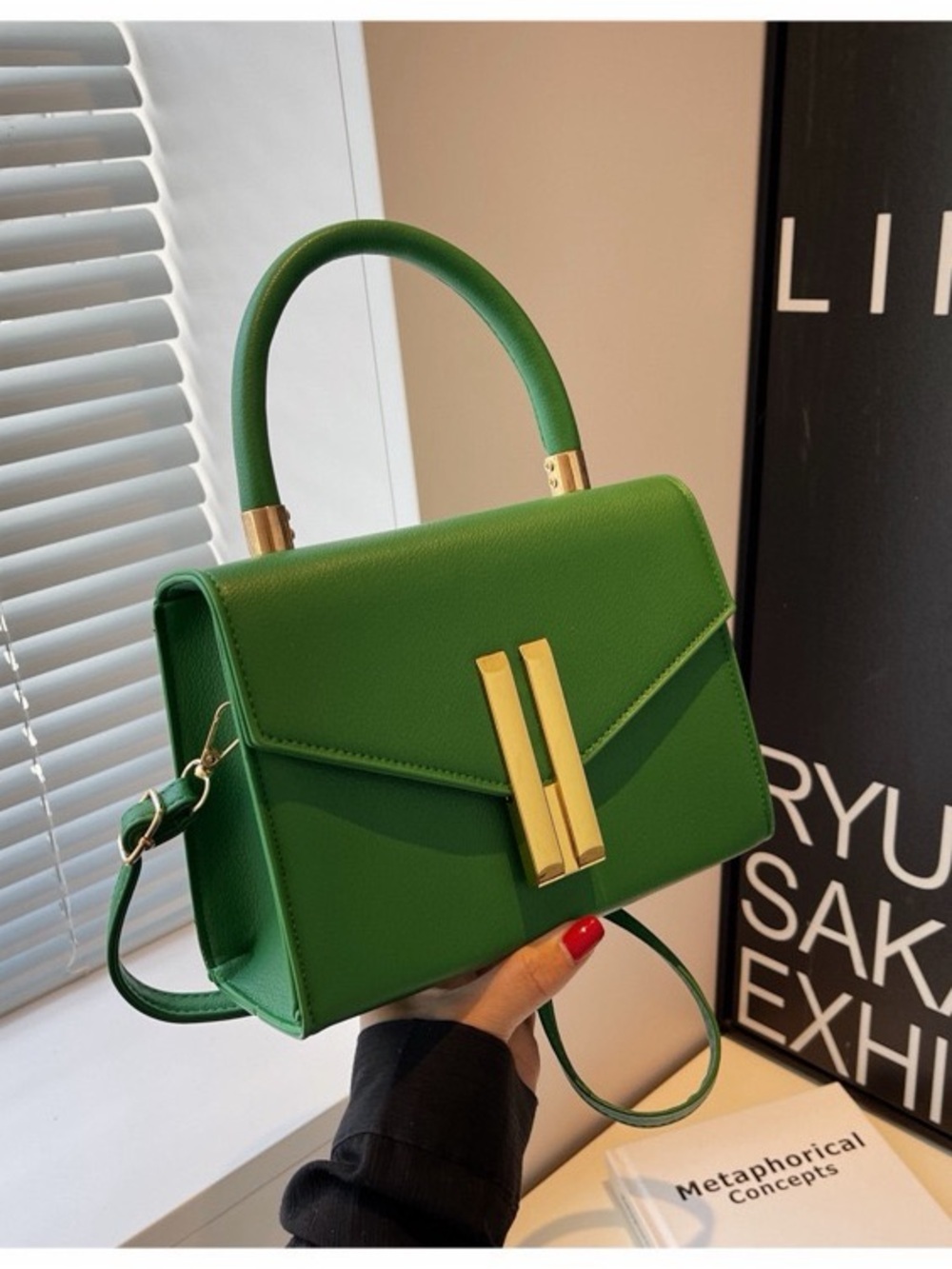 Green Top-Handle Women's Satchel Handbag with Gold Accents